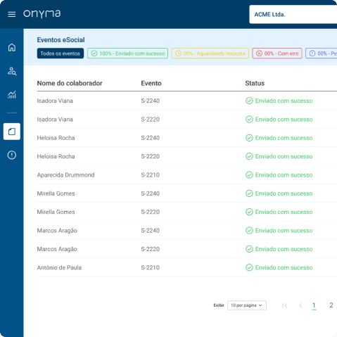 Listagem dos eventos enviados para o eSocial com seu respective status